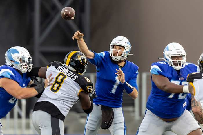 Apr 16, 2023; Birmingham, AL, USA; New Orleans Breakers quarterback McLeod Bethel-Thompson (1) throws the ball against Pittsburgh Maulers defensive lineman Boogie Roberts (8) during the first half of a USFL football game at Protective Stadium. Mandatory Credit: Vasha Hunt-USA TODAY Sports
